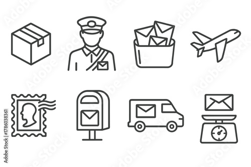 Post Office Icons. Line style icons of Post Office: Package, Postal Worker, Sorting Bin, Air Mail, Stamp, Mailbox, Delivery Van,