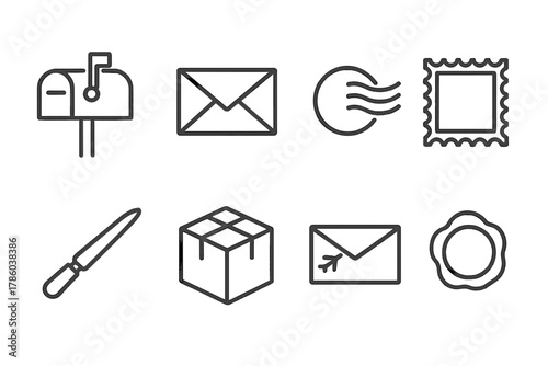 Mail Icons Collection. Line style icons of Mail: Mailbox, Envelope, Postmark, Stamp, Letter Opener, Parcel, Air Mail, Wax Seal, No