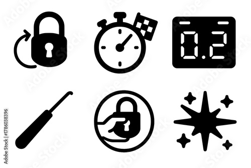 Competitive Lockpicking Icons. Line style icons of Competitive Lockpicking: lock rotation chart, speed test icon, technical score