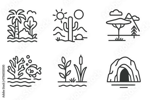Ecosystem Line Icons. Line style icons of Ecosystems: rainforest, desert, savanna, tundra, coral reef, wetland, grassland, cave,