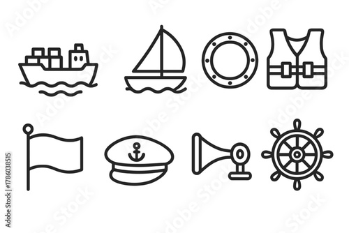 Ocean Travel Icons. Line style icons of Ocean Travel: Cargo Ship, Sail, Porthole, Life Jacket, Flag, Captain’s Hat, Ship Horn,