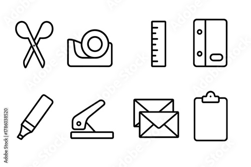 Office Supplies Icons. Line style icons of Office Supplies: Scissors, Tape Dispenser, Ruler, Binder, Marker, Hole Punch, Envelopes