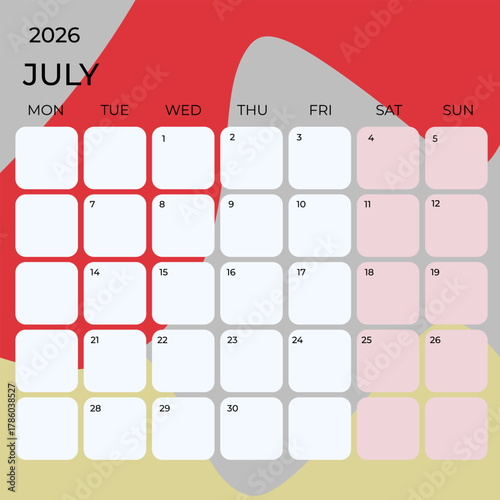 Minimal July 2026 Calendar Template with Abstract Red and Beige Background