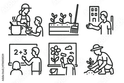 Urban Voluntourism Icons. Line style icons of urban voluntourism: soup kitchen icon, urban farm plot, street outreach hand,