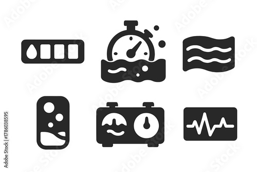 Endurance Icons Display. Solid style icons of endurance indicators: oxygen bar icon, timer dial underwater, stamina wave slab.