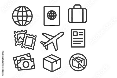 Global Travel Icons. Line style icons of Global Post: Globe, Passport, Suitcase, Postage Stamps, Airplane, Customs Form, Currency