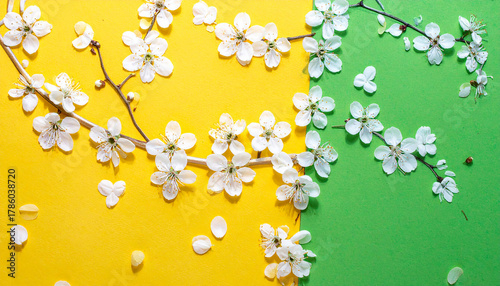 Creative springtime layout, spring white blossom branches on punchy yellow. Floral. Flat lay.
1