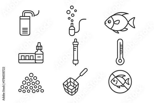 Aquarium Essentials Icons. Line style icons of Aquarium basics: filter, bubbler, tropical fish, water test kit, heater,