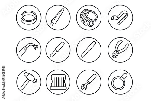 Ring Making Tools. Line style round vector icons of Ring Making: Ring Blank, Ring Mandrel, Finger Gauge, Sizing Tape; Joint Solder