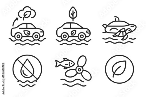 Eco-Friendly Amphibious Icons. Line style icons of amphibious car environment impact: low-emission float car, eco-friendly water