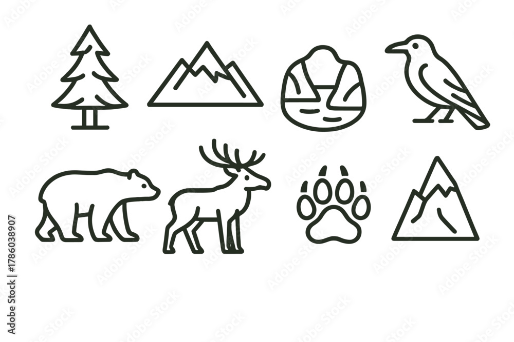Fototapeta premium Northern Nature Icons. Line style icons of Northern nature: pine tree, mountain, fjord, raven, bear, elk, wolf paw, icy peak, No