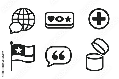 Time Capsule Icons. Line style icons of Time Capsule Curation: global message, curated symbols, belief token, society flag,