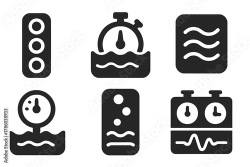 Endurance Icons Display. Solid style icons of endurance indicators: oxygen bar icon, timer dial underwater, stamina wave slab.