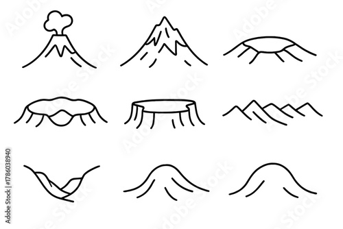 Mountain Icons Line Style. Line style icons of Mountain types: volcanic cone, stratovolcano, shield volcano, caldera, plateau,