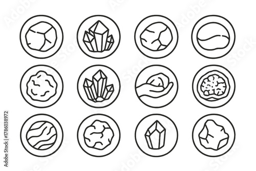 Rock Line Icons. Line style icons of rough rocks in round shape: uncut stone, raw mineral, jagged rock, pocket stone; natural