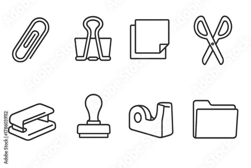 Office Supply Icons. Line style icons of Desk accessories: paper clip, binder, sticky notes, scissors, hole punch, rubber stamp,