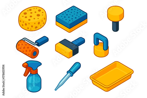 Art Supplies Icons. Isometric vector illustration set Art supplies – sea sponge, foam sponge, stencil sponge; texture roller,