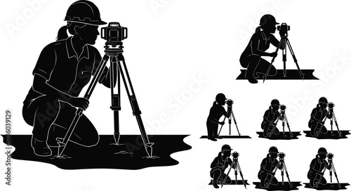Silhouette vector illustration of land surveyor using theodolite on tripod, measuring terrain, inspecting site, construction planning, safety, tools, labor, industry