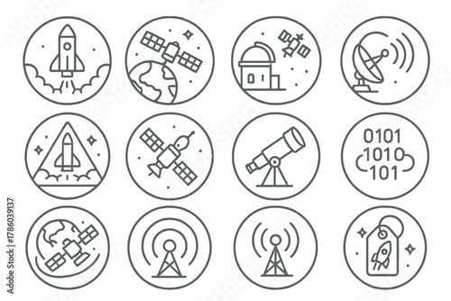 Space Exploration Icons. Line style icons of space exploration links in round shape: rocket launch, satellite in orbit,