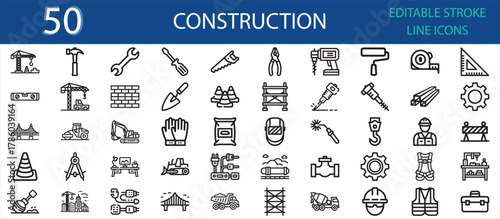 Editable line icon collection of construction and engineering elements. Includes cranes, workers, drills, helmets, bridges, pipes, blueprints, and industrial safety equipment.