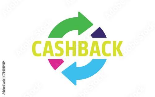 The word "CASHBACK" is displayed in bold yellow letters, surrounded by a circular arrow graphic in green, purple, and blue.