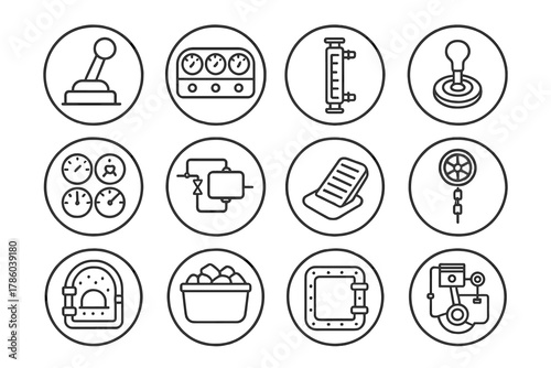 Train Cab Instruments. Line style round vector icons of Train Cab Interior: Throttle Lever, Pressure Dials, Boiler Sight Glass,