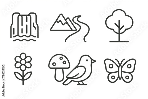 Nature Exploration Icons. Line style icons of Nature exploration: waterfall, mountain, river, tree, flower, mushroom, bird,