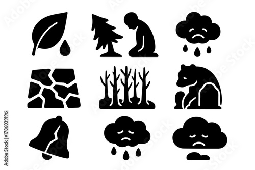 Ecological Grief Icons. Solid style icons of ecological grief: mourning tree icons, fading leaf silhouettes, grieving animal