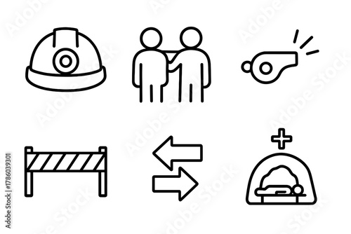 Cave Safety Icons. Line style icons of cave safety: helmet with light, buddy check, emergency whistle, hazard tape, navigation