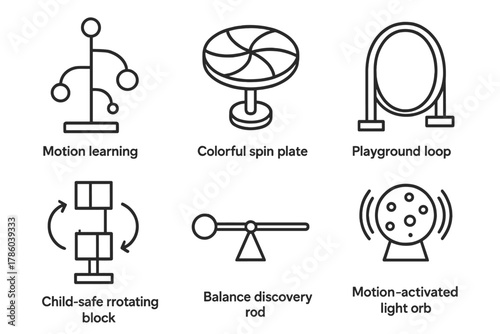 Children's Kinetic Icons. Line style icons of kinetic sculptures for children: motion learning toy, colorful spin plate,
