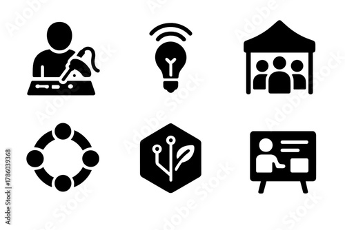 Community Maker Icons. Solid style icons of community maker events: soldering table icon, idea bulb with signal, project fair tent