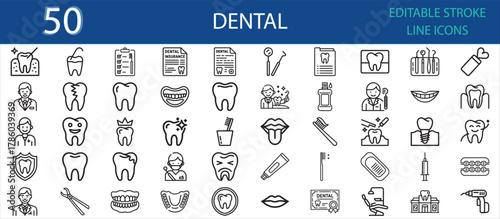 Set of 50 editable line icons of dental care and oral health. Includes tooth, dentist, mouth, toothbrush, braces, implant, hygiene, smile, cavity, syringe, and dental tools.