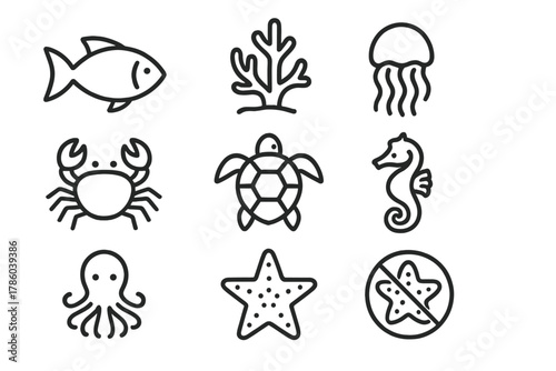 Underwater Life Icons. Line style icons of Underwater life: fish, coral, jellyfish, crab, turtle, seahorse, octopus, starfish, No