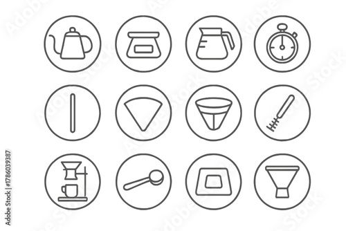 Coffee Gear Icons. Line style icons of coffee gear in round shape: gooseneck kettle, scale, glass server, timer; stirring stick,