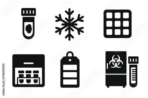 Bio Storage Icons. Solid style icons of tissue sample storage: cryo vial with sample, frozen container badge, sample tray icon.