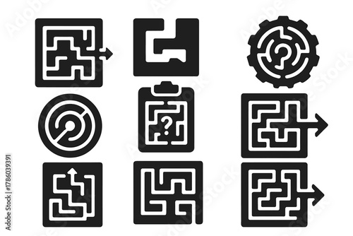 Labyrinth Icons. Solid style icons of labyrinthine cave mazes: maze glyph, turn icon, puzzle badge. Route ring, mystery chart,