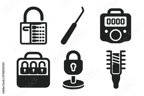 Competitive Lockpicking Icons. Line style icons of Competitive Lockpicking: transparent training lock, precision hook pick, lock