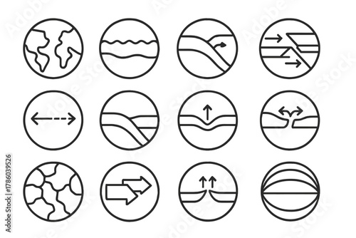 Tectonic Plates Icons. Line style icons of tectonic plates in round shape: continental plates, oceanic crust, subduction zone,