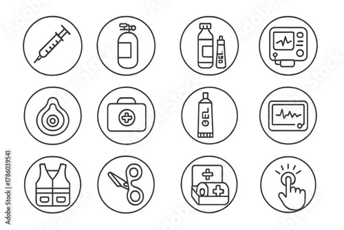 Emergency Medicine Tools. Line style round vector icons of Emergency Medicine: Adrenaline Syringe, Oxygen Tank, EpiPen,