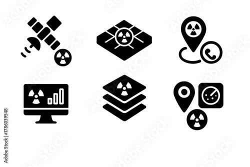 Radioactive Zone Icons. Solid style icons of radioactive zone mapping: satellite scan glyph, terrain grid icon, waypoint badge.