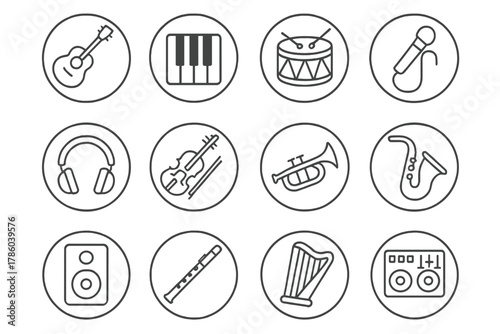 Music Instrument Icons. Line style circular vector icons of Music: Guitar, Piano, Drum, Microphone; Headphones, Violin, Trumpet,