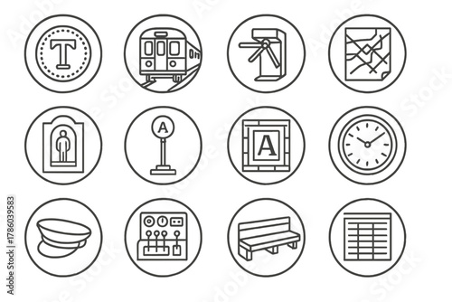 Subway History Icons. Line style round vector icons of Subway History: Vintage Token, Old Subway Car, Manual Turnstile, Paper Map;