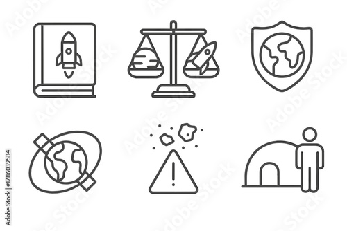 Space Policy Icons. Line style icons of space policy and ethics in education: space law book, ethical exploration scale, planetary