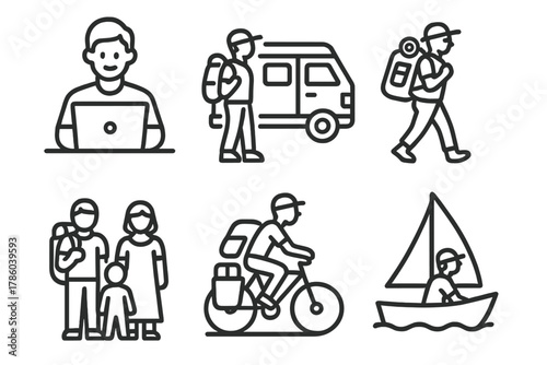 Nomadic Lifestyle Icons. Line style icons of types of nomads: digital nomad at laptop, vanlife traveler, backpacking explorer,