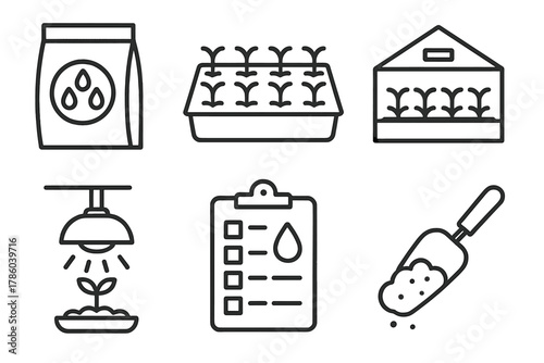 Homegrown Kit Icons. Line style icons of homegrown kits: starter seed pack, sprouting tray, mini greenhouse, grow light lamp,