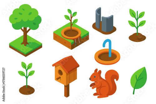 Urban Tree Planting. Isometric vector illustration set Climate action – urban tree canopy, planting pit, root barrier; young