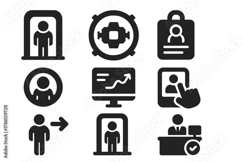 Guest Arrival Icons. Solid style icons of guest arrival systems: airlock entry glyph, docking port icon, welcome badge. Suit