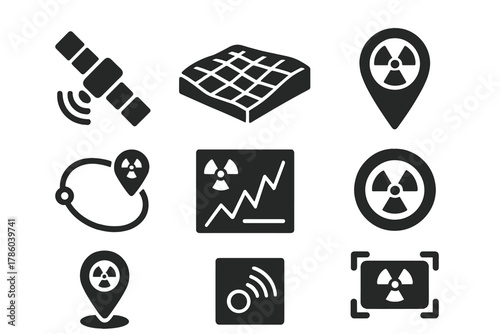 Radioactive Zone Icons. Solid style icons of radioactive zone mapping: satellite scan glyph, terrain grid icon, waypoint badge.