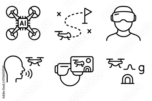 Futuristic Drone Racing Icons. Line style icons of drone racing future tech: AI-assisted drone icon, auto-avoid path, VR flight