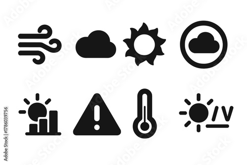 Weather Icons Set. Solid style icons of weather and wind conditions: wind gust glyph, cloud cover icon, heat index badge.